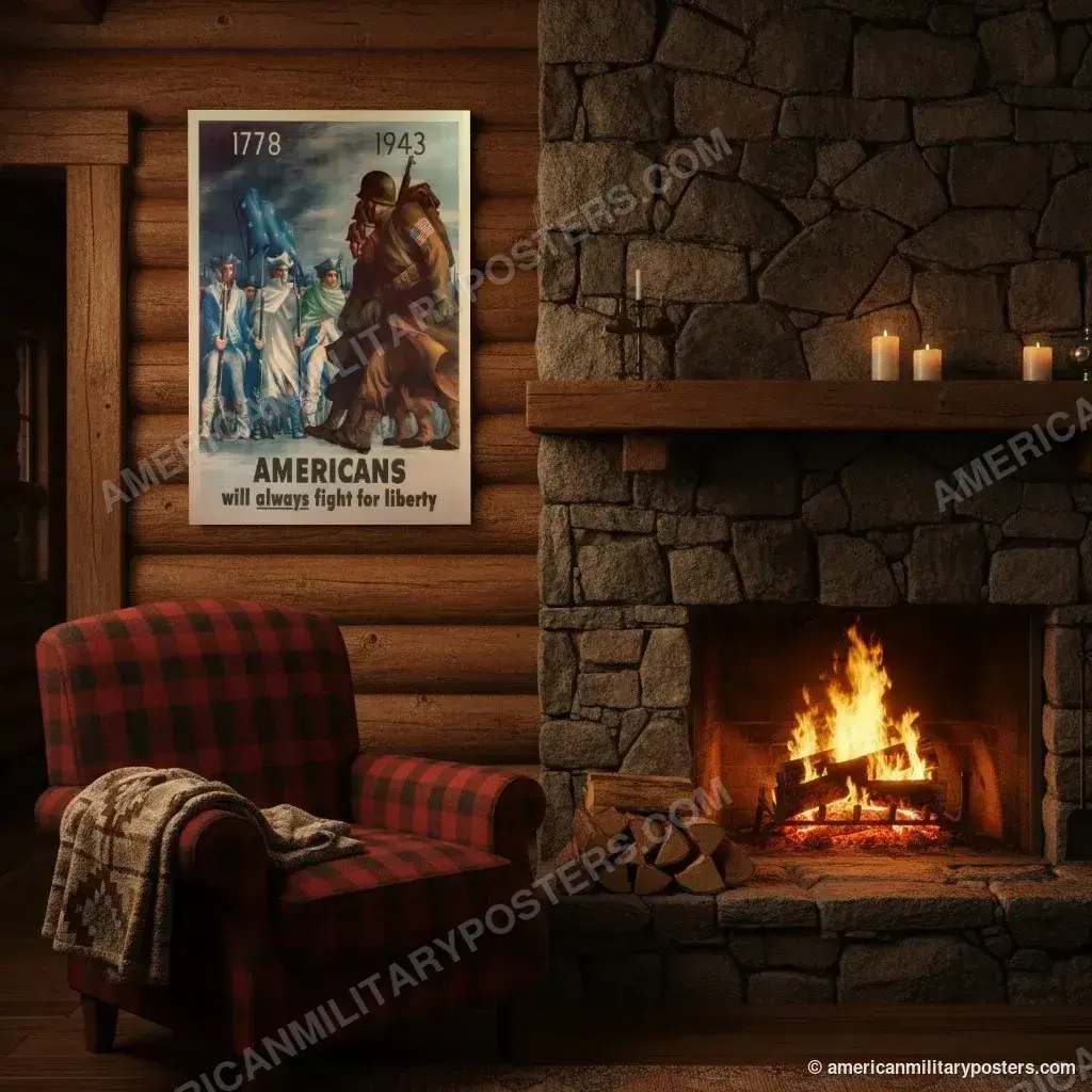 Americans Will Always Fight for Liberty poster, unframed print on a log cabin wall beside a fireplace