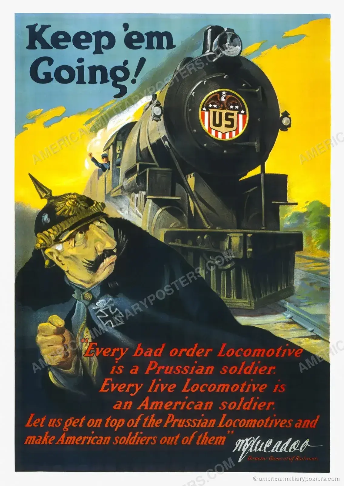 Keep ’Em Going! (c. 1917–18) WWI railroad poster, restored