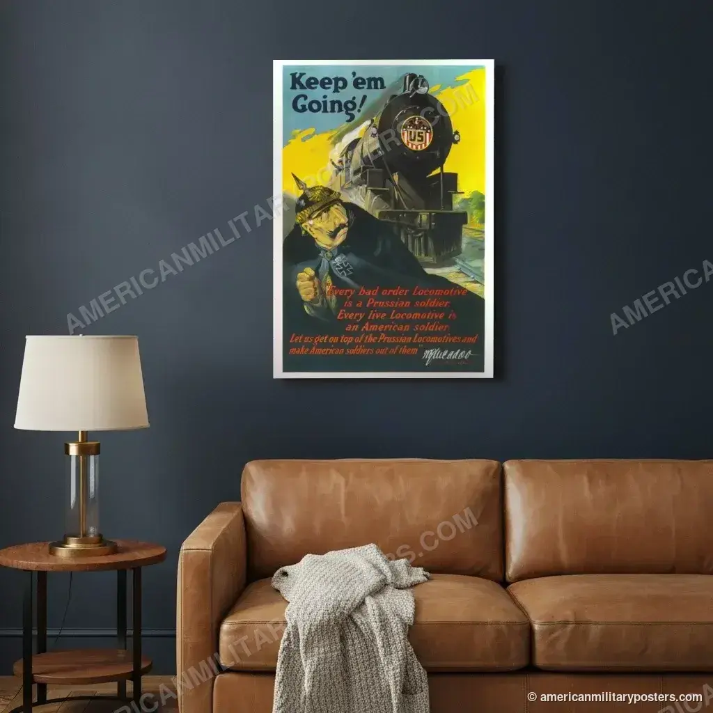 Keep ’Em Going! poster, unframed print on a navy living room wall above a leather sofa