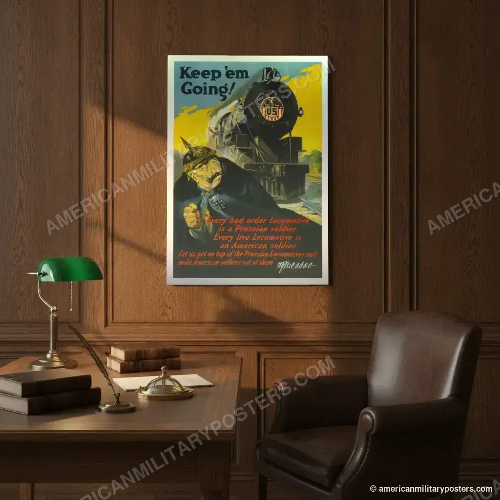 Keep ’Em Going! poster, unframed print on an oak-panelled study wall above a desk