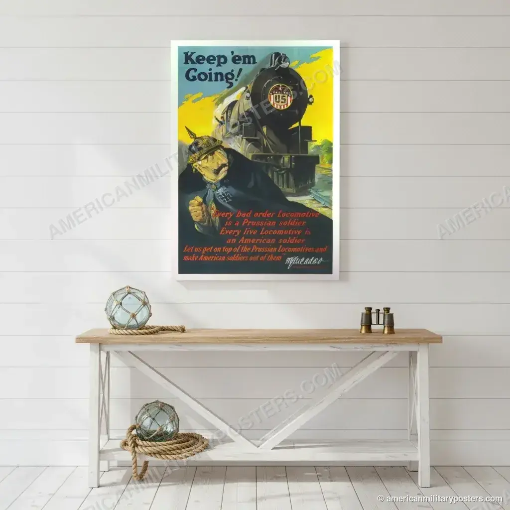 Keep ’Em Going! poster, unframed print on a white shiplap wall in a coastal hallway