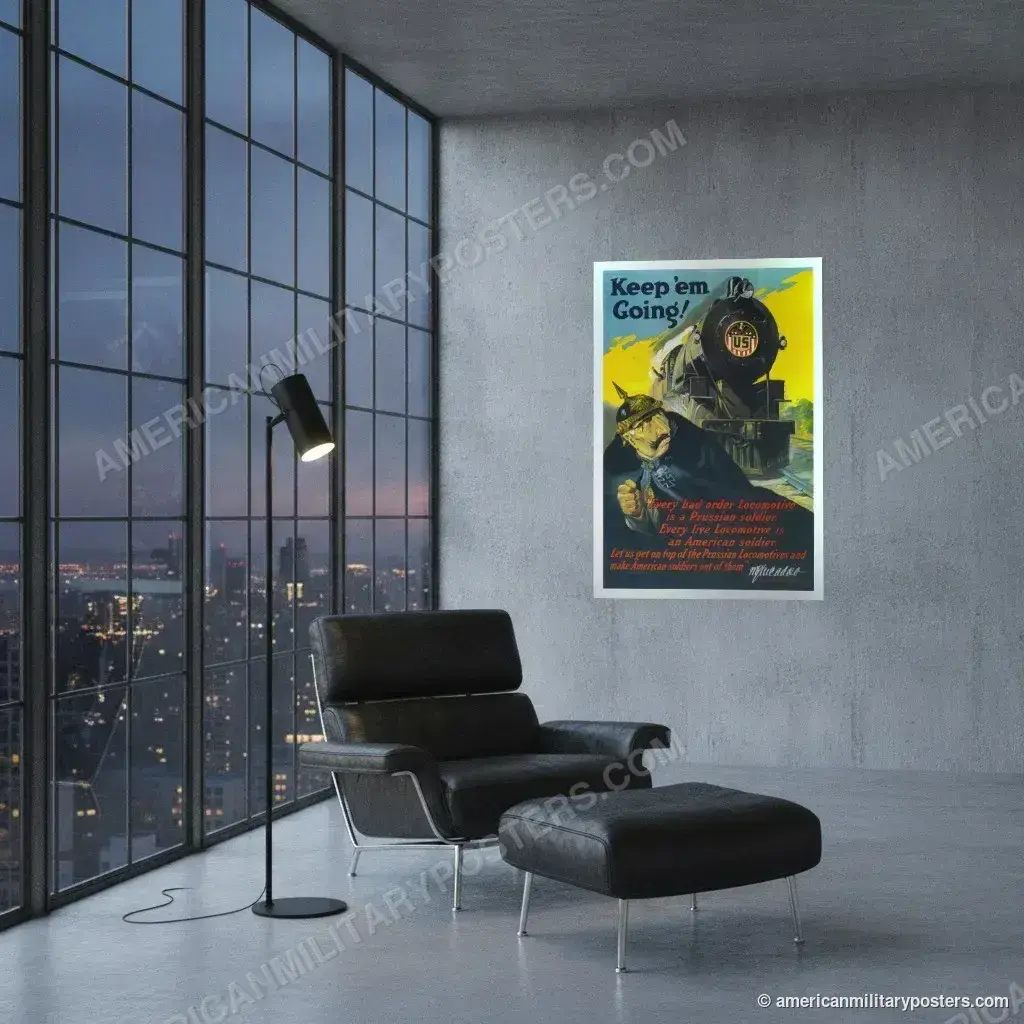 Keep ’Em Going! poster, unframed print on a concrete wall in a city loft