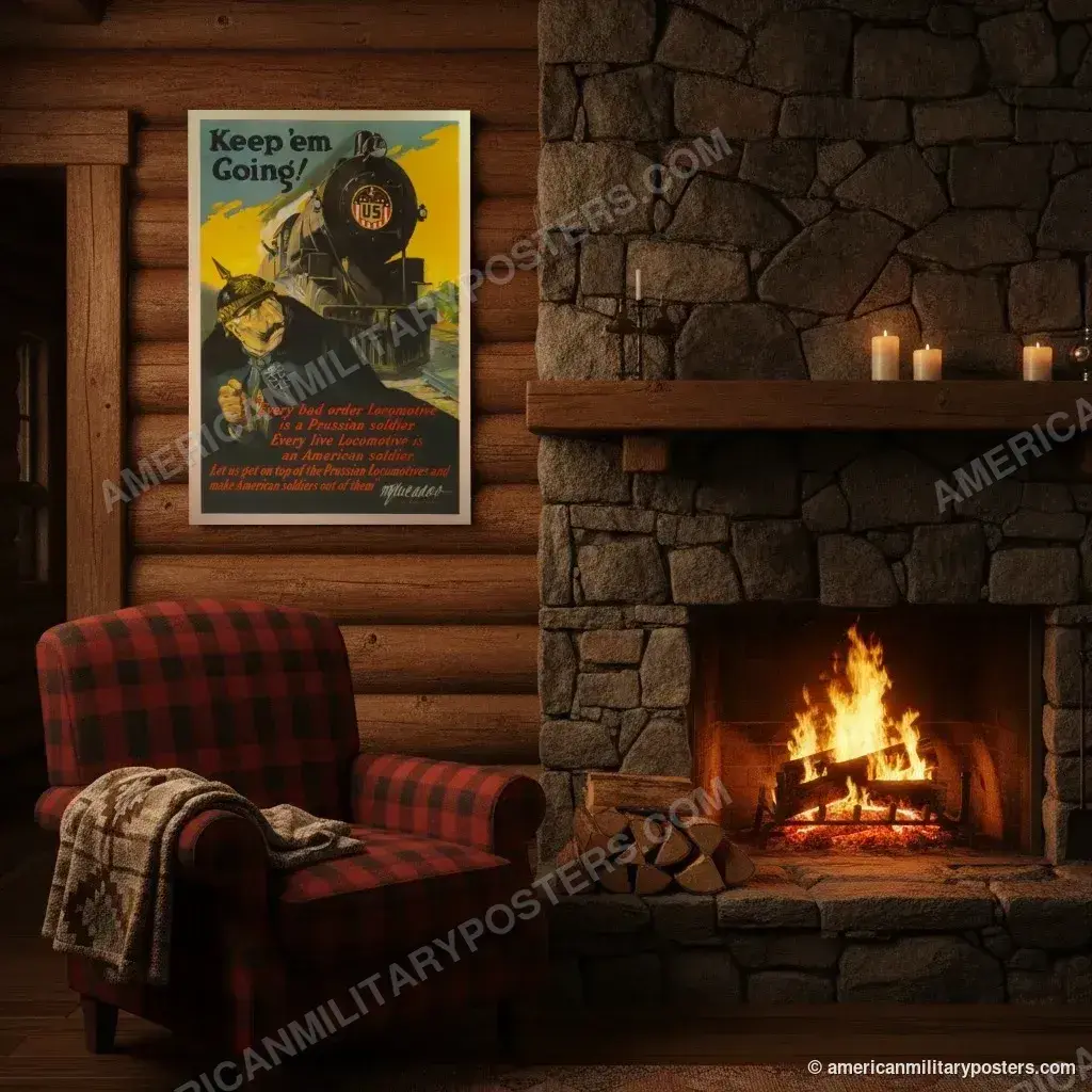 Keep ’Em Going! poster, unframed print on a log cabin wall beside a fireplace