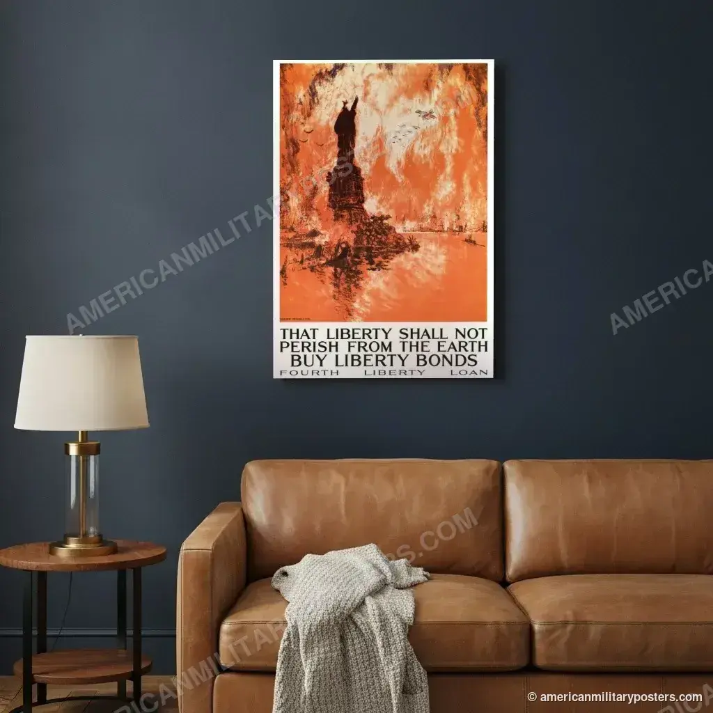 That Liberty Shall Not Perish poster, unframed print on a navy living room wall above a leather sofa