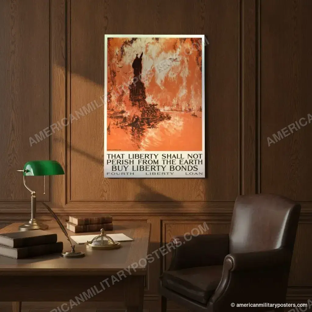 That Liberty Shall Not Perish poster, unframed print on an oak-panelled study wall above a desk