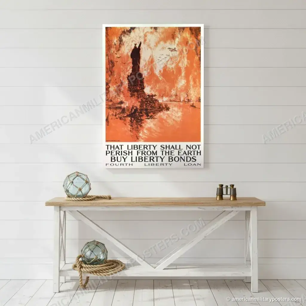 That Liberty Shall Not Perish poster, unframed print on a white shiplap wall in a coastal hallway
