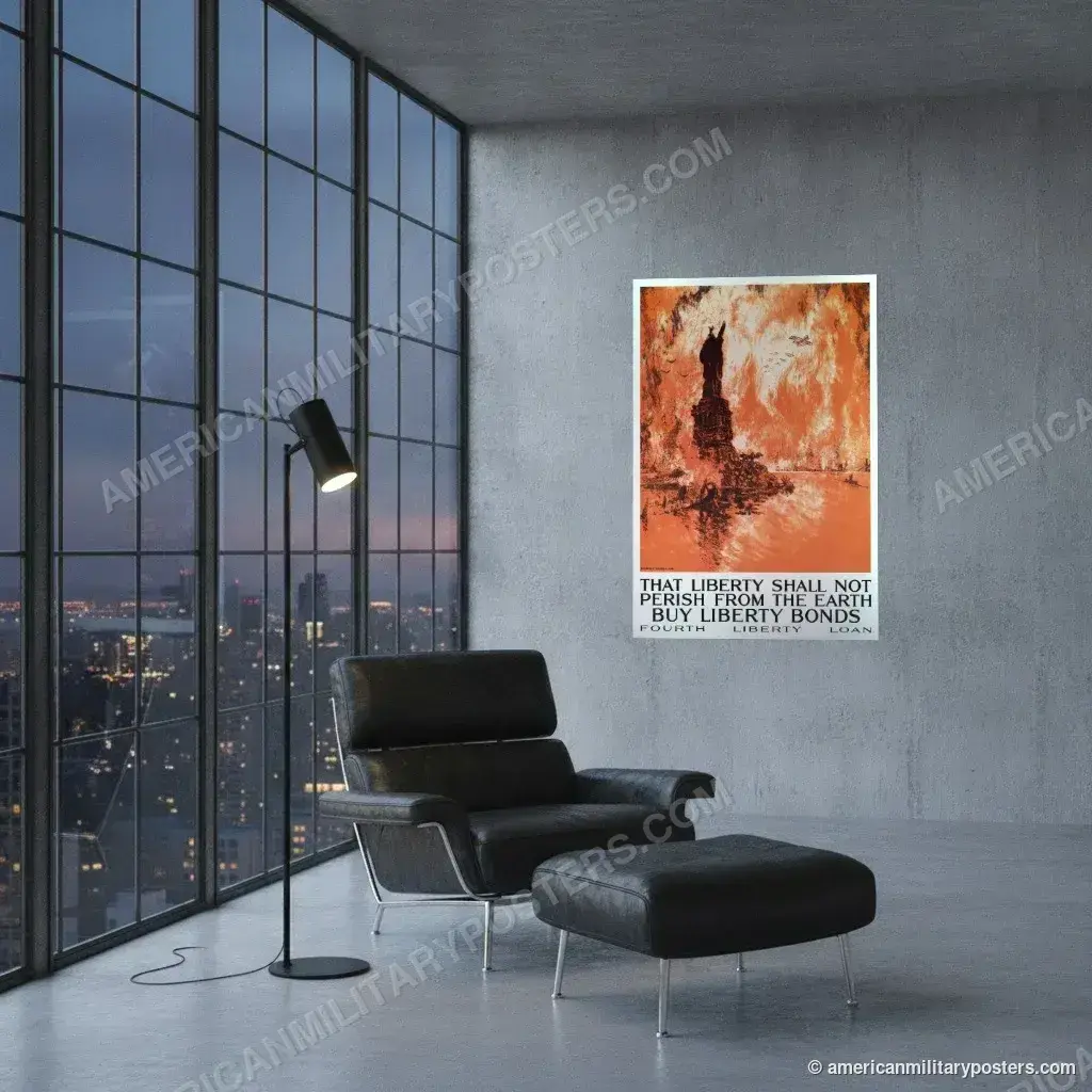 That Liberty Shall Not Perish poster, unframed print on a concrete wall in a city loft