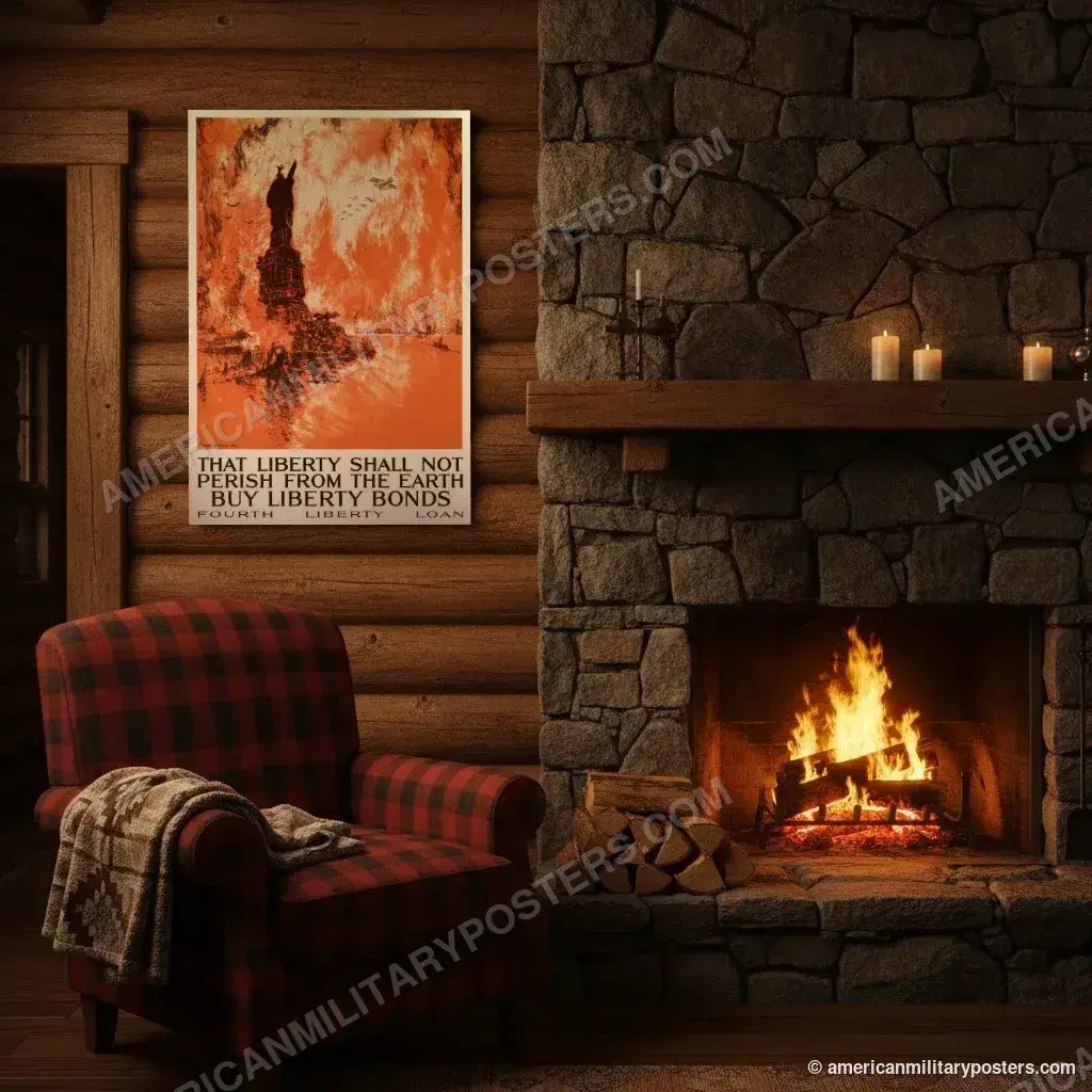 That Liberty Shall Not Perish poster, unframed print on a log cabin wall beside a fireplace