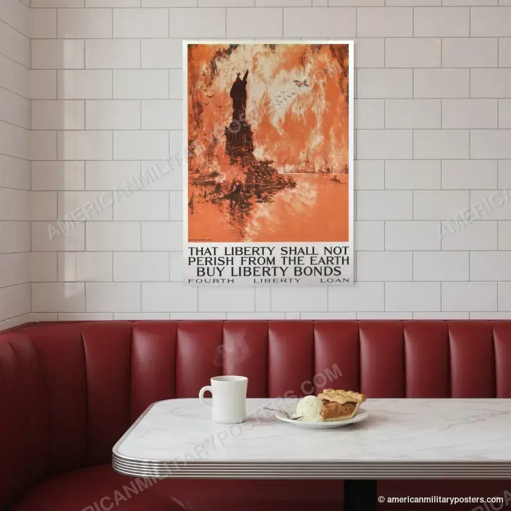 That Liberty Shall Not Perish poster, unframed print on a tiled wall above a retro diner booth