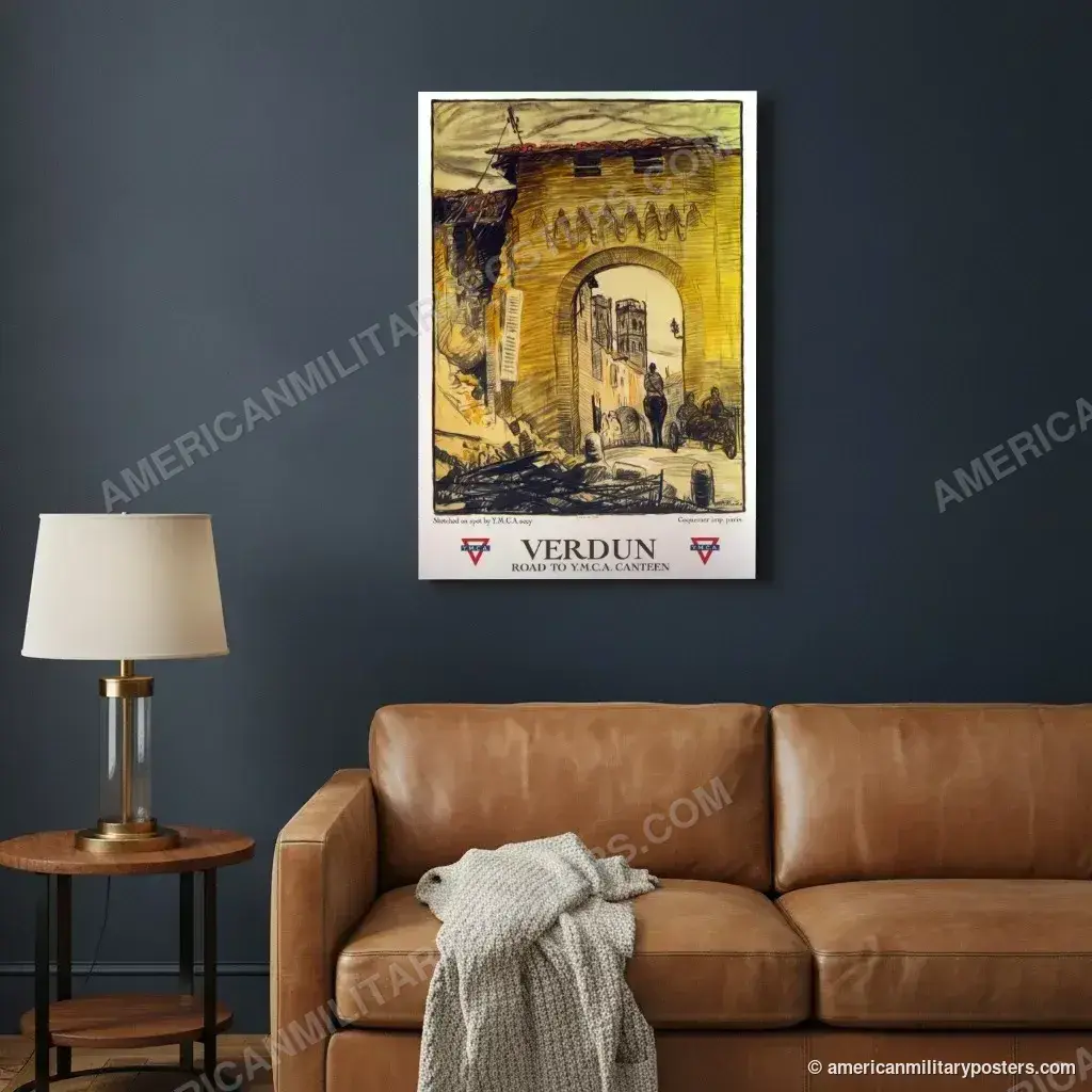 Verdun: Road to Y.M.C.A. Canteen poster, unframed print on a navy living room wall above a leather sofa