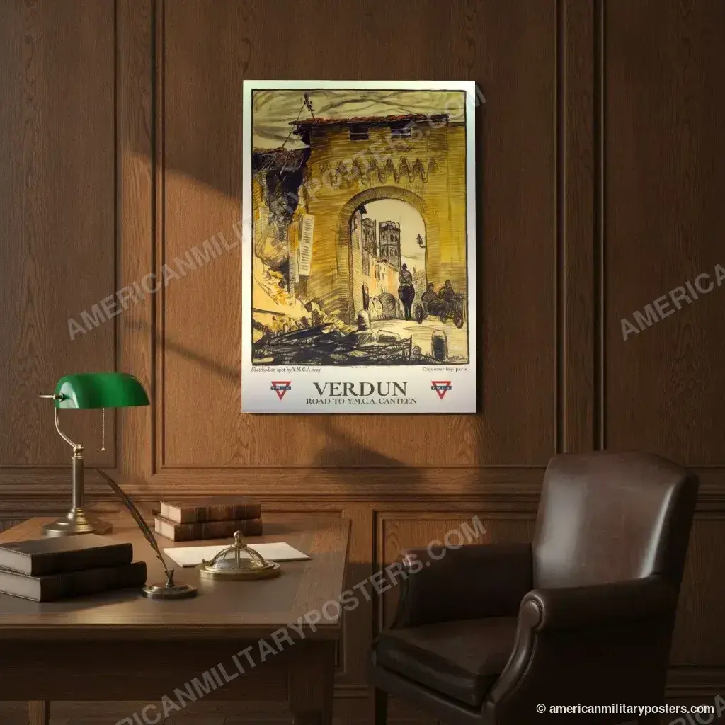 Verdun: Road to Y.M.C.A. Canteen poster, unframed print on an oak-panelled study wall above a desk