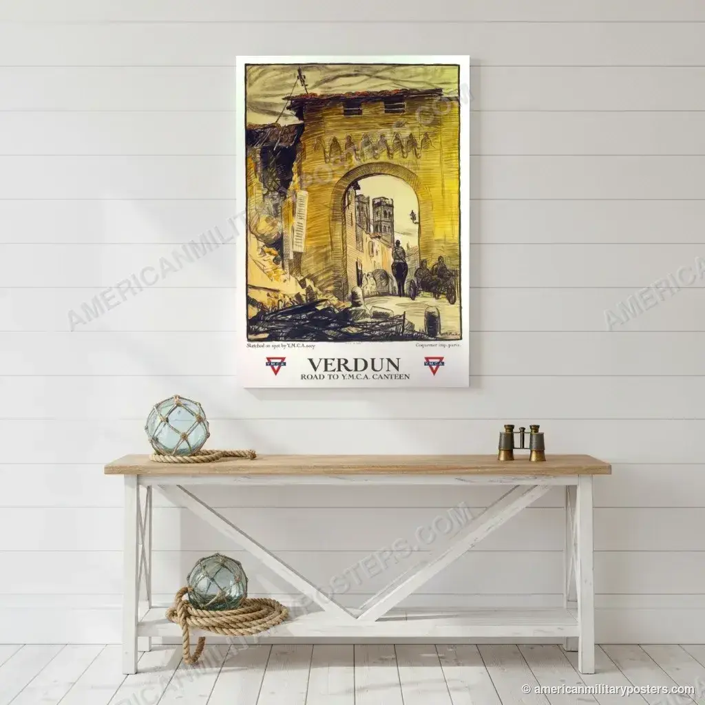 Verdun: Road to Y.M.C.A. Canteen poster, unframed print on a white shiplap wall in a coastal hallway