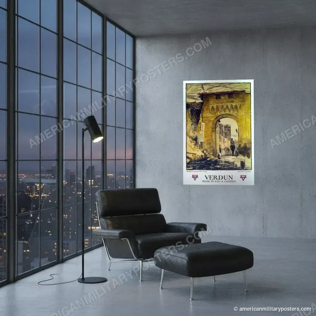 Verdun: Road to Y.M.C.A. Canteen poster, unframed print on a concrete wall in a city loft