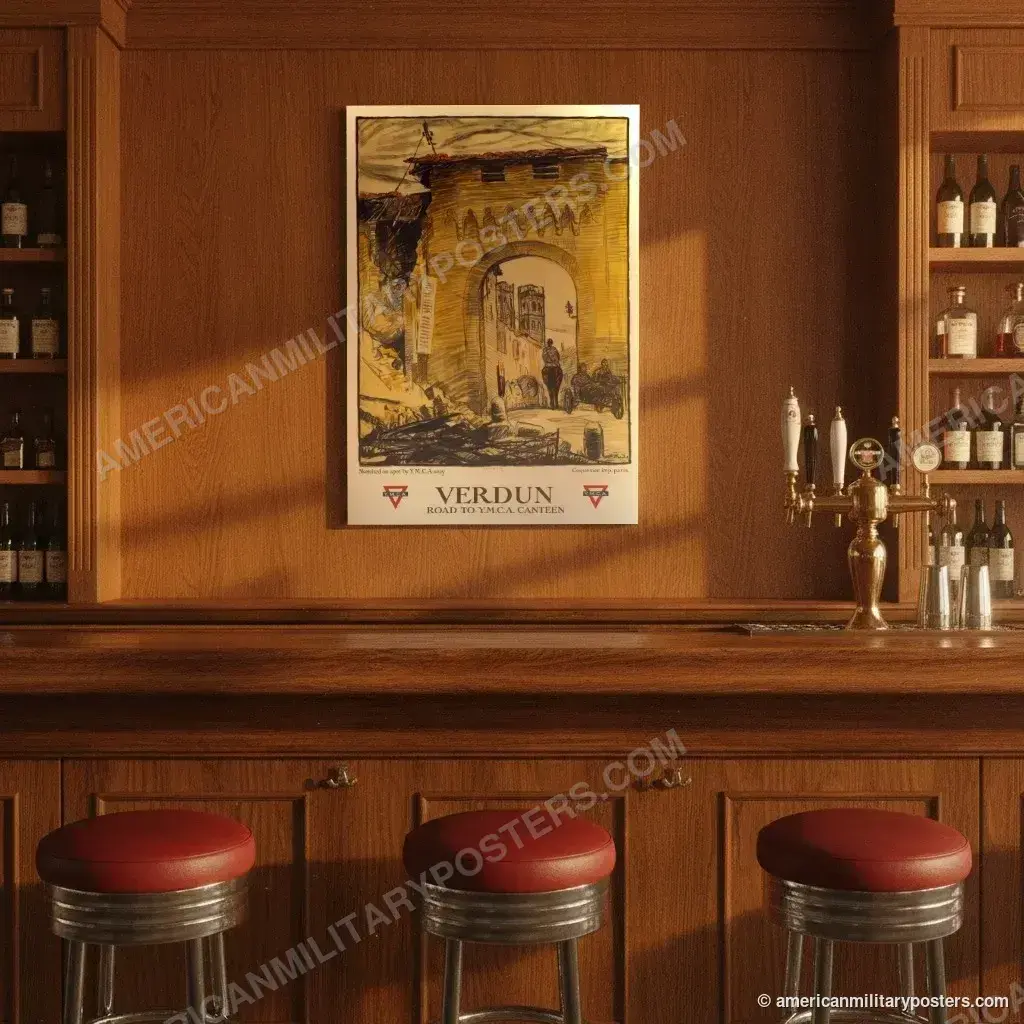 Verdun: Road to Y.M.C.A. Canteen poster, unframed print on the wall of a classic American bar