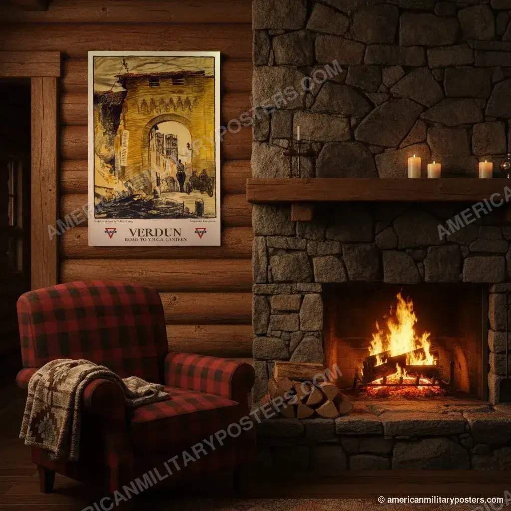 Verdun: Road to Y.M.C.A. Canteen poster, unframed print on a log cabin wall beside a fireplace