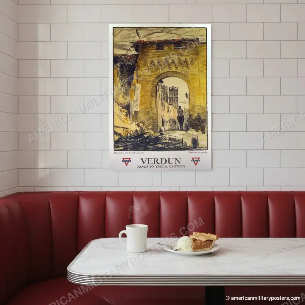 Verdun: Road to Y.M.C.A. Canteen poster, unframed print on a tiled wall above a retro diner booth