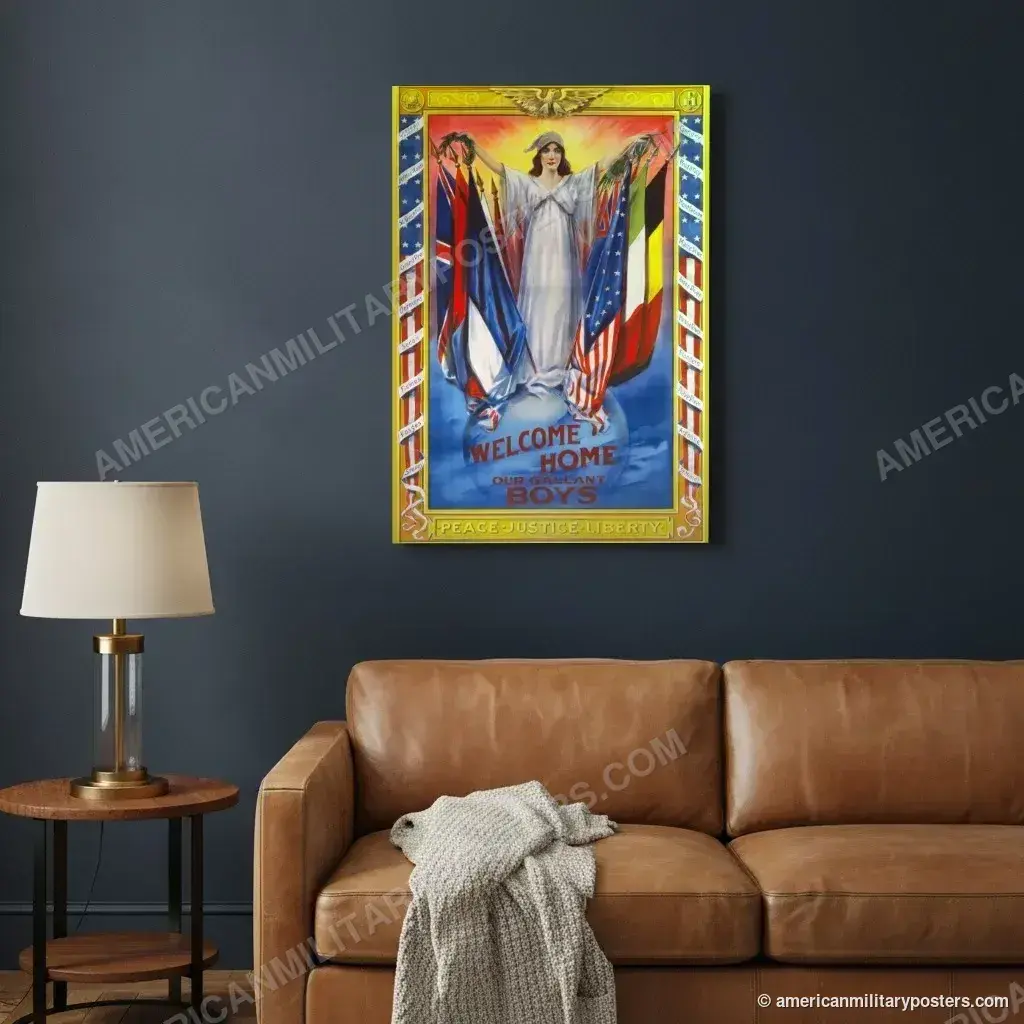 Welcome Home Our Gallant Boys poster, unframed print on a navy living room wall above a leather sofa
