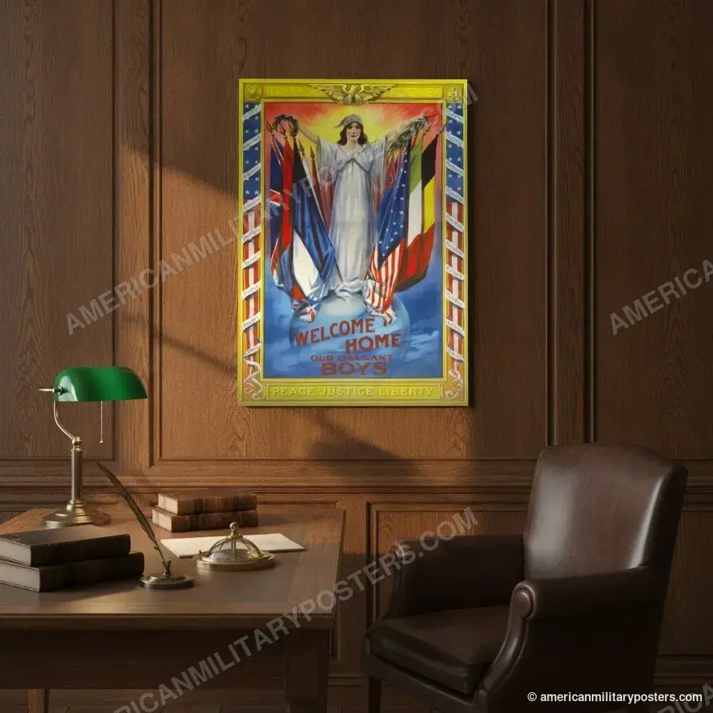 Welcome Home Our Gallant Boys poster, unframed print on an oak-panelled study wall above a desk
