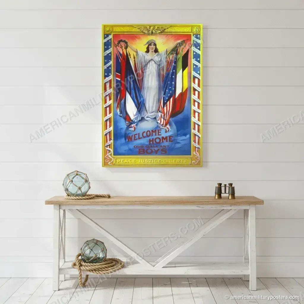 Welcome Home Our Gallant Boys poster, unframed print on a white shiplap wall in a coastal hallway