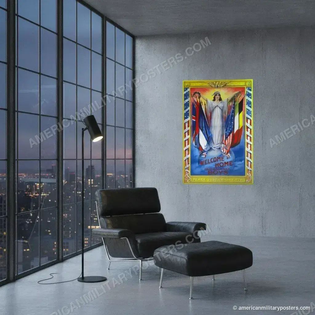 Welcome Home Our Gallant Boys poster, unframed print on a concrete wall in a city loft