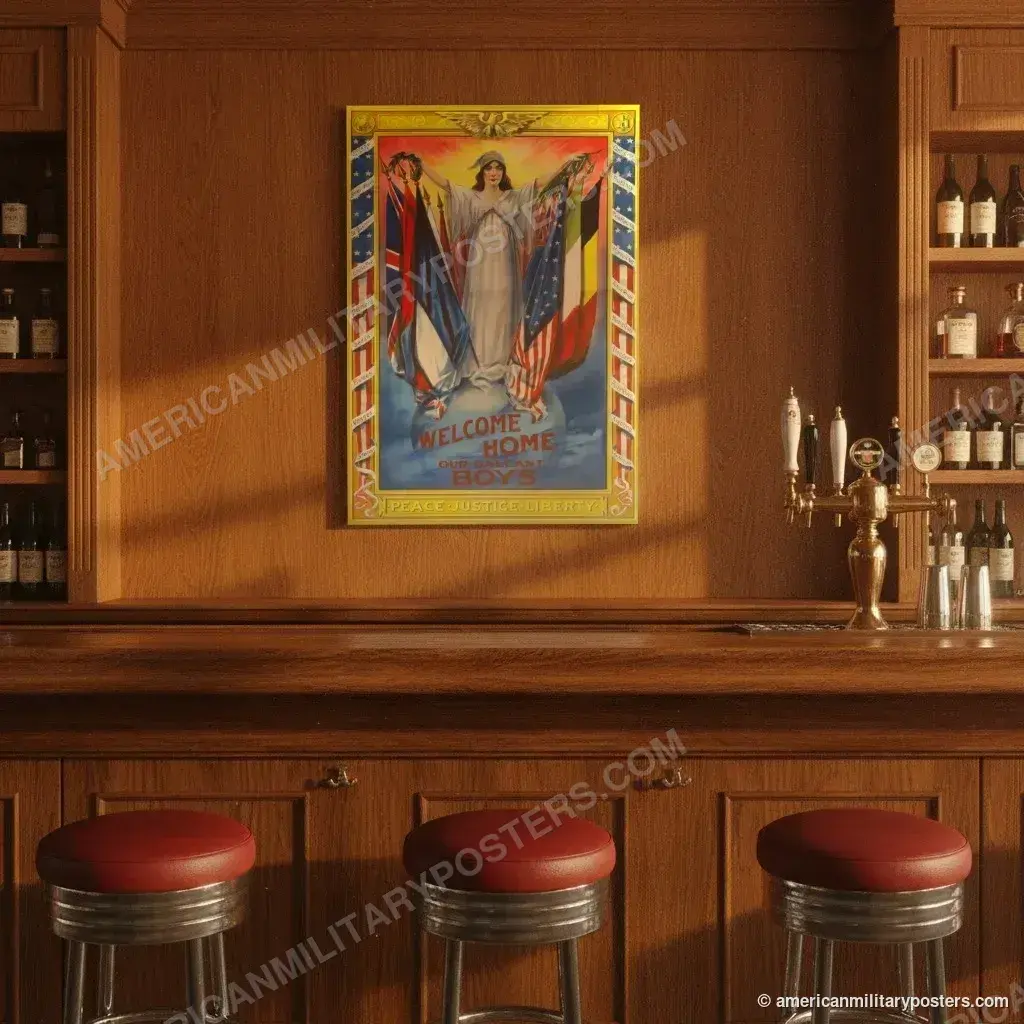 Welcome Home Our Gallant Boys poster, unframed print on the wall of a classic American bar