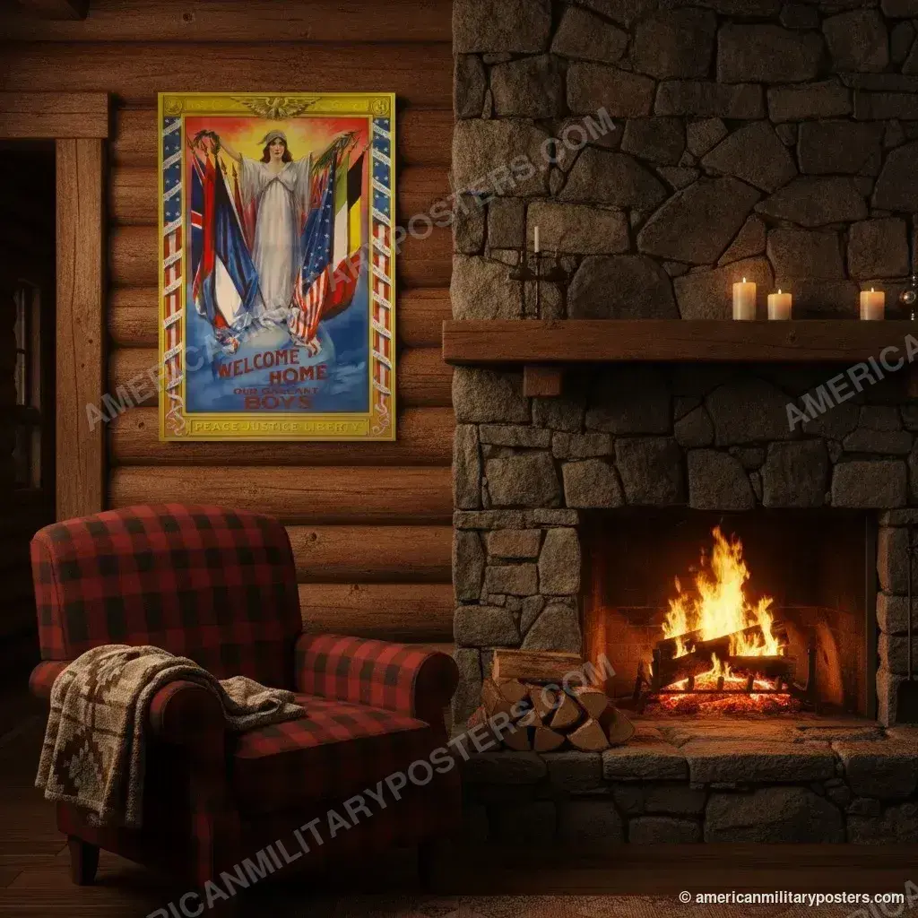 Welcome Home Our Gallant Boys poster, unframed print on a log cabin wall beside a fireplace