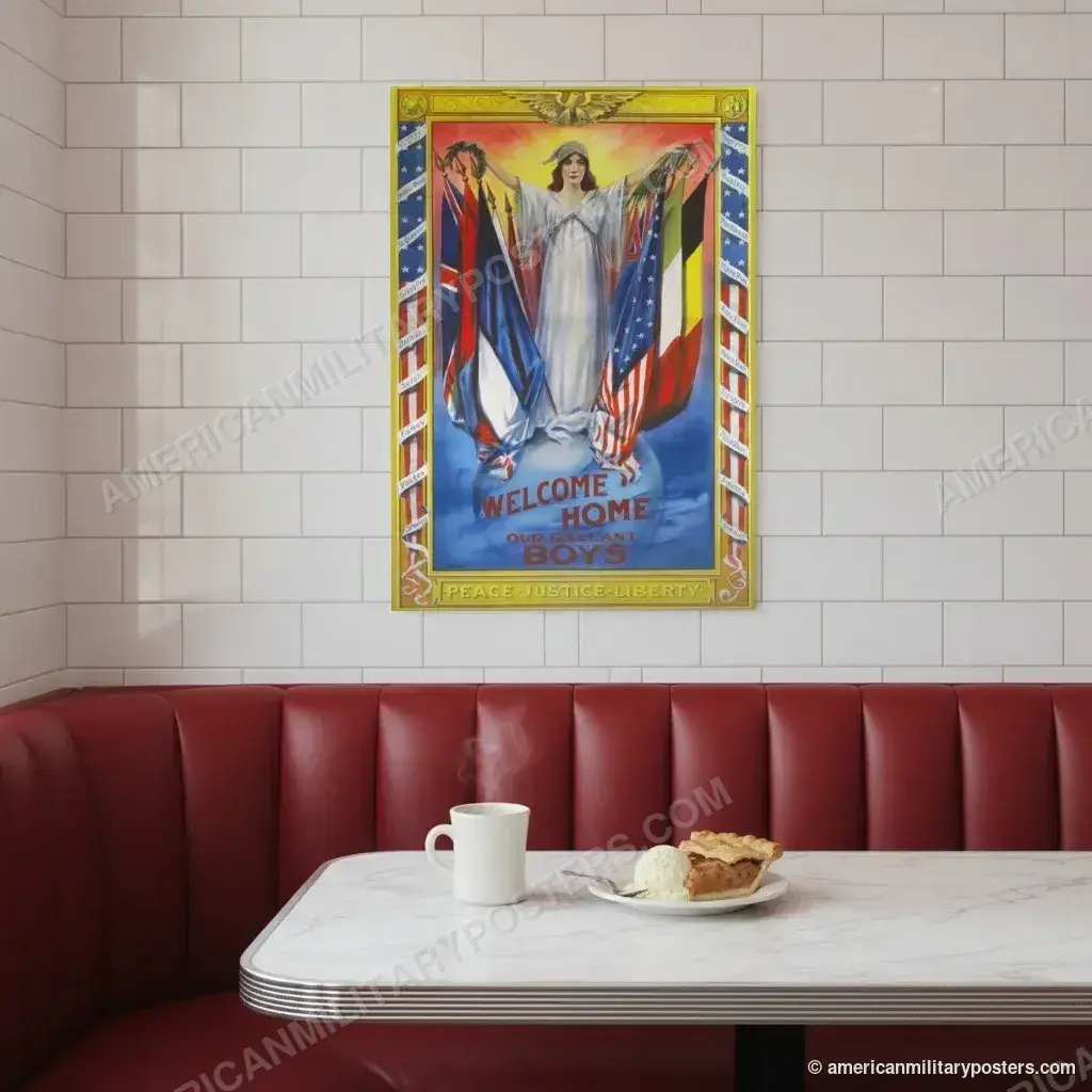 Welcome Home Our Gallant Boys poster, unframed print on a tiled wall above a retro diner booth