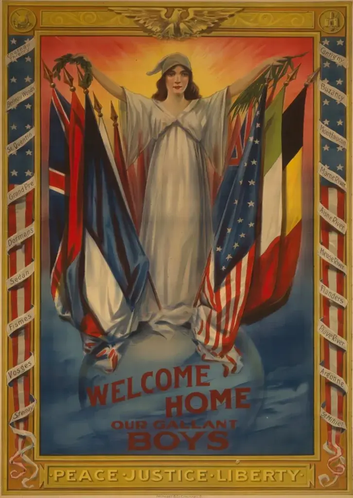 Welcome Home Our Gallant Boys poster before restoration, archival scan
