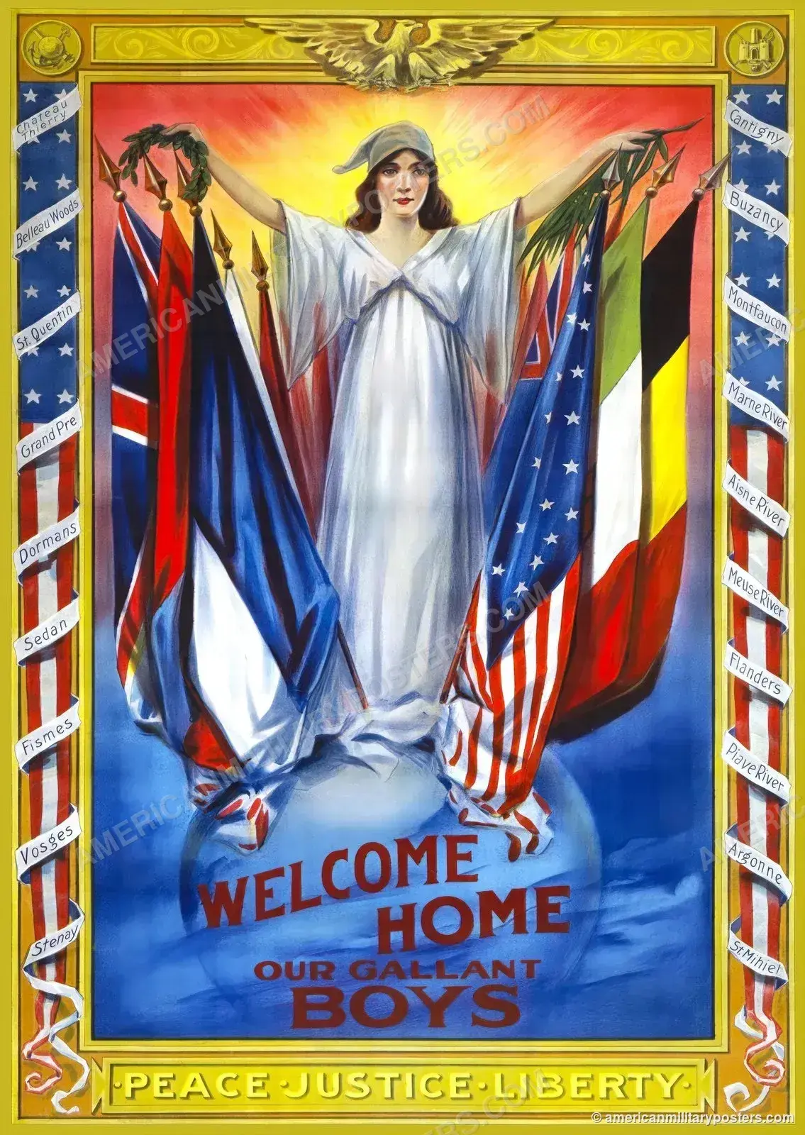 Welcome Home Our Gallant Boys (1918) WWI homecoming poster, Hennegan & Co., restored
