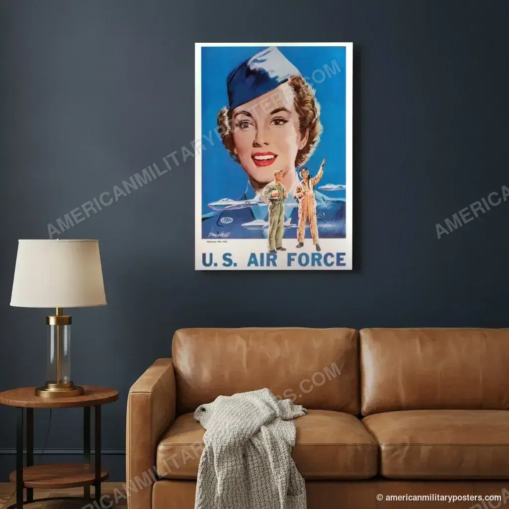 U.S. Air Force Recruiting Poster poster, unframed print on a navy living room wall above a leather sofa