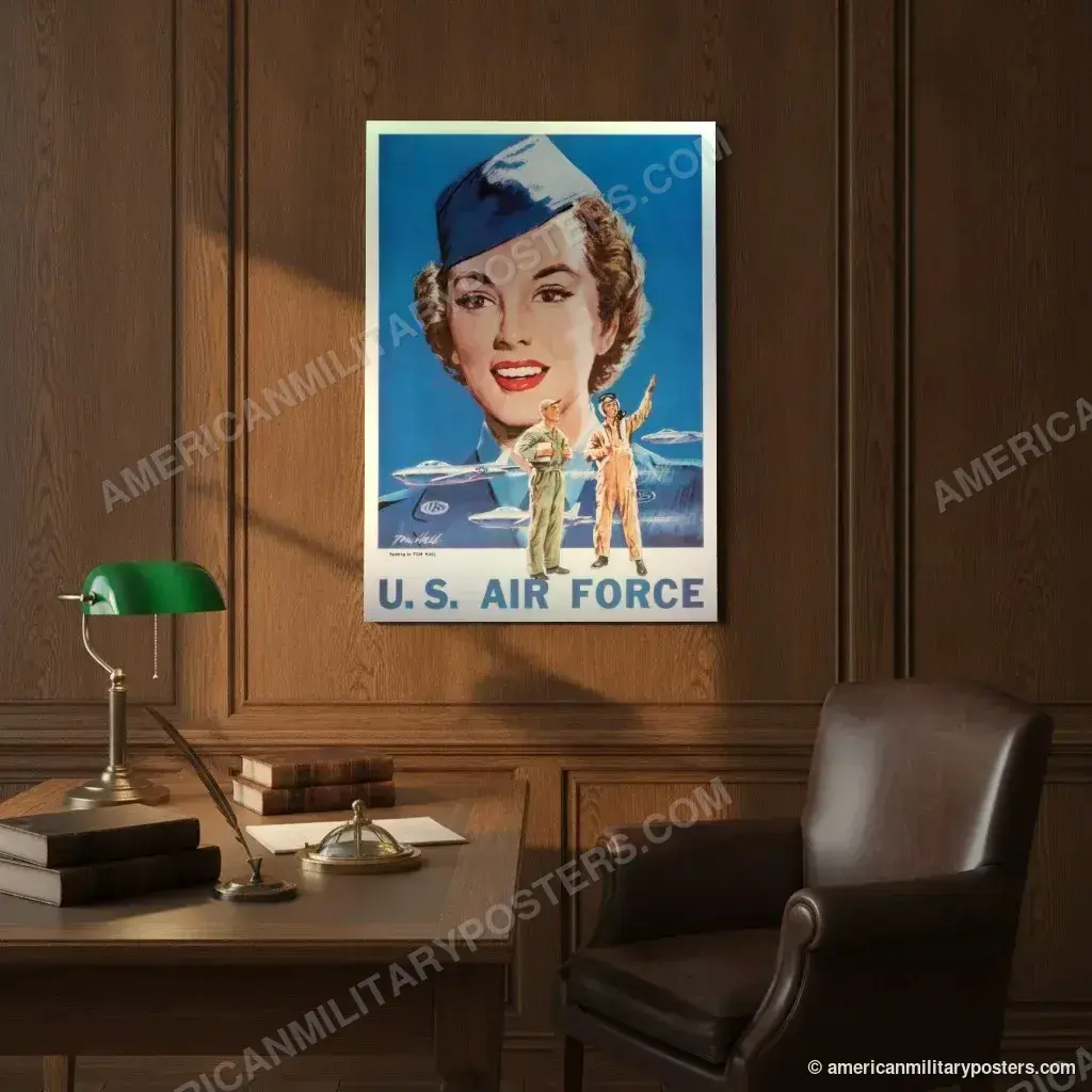 U.S. Air Force Recruiting Poster poster, unframed print on an oak-panelled study wall above a desk