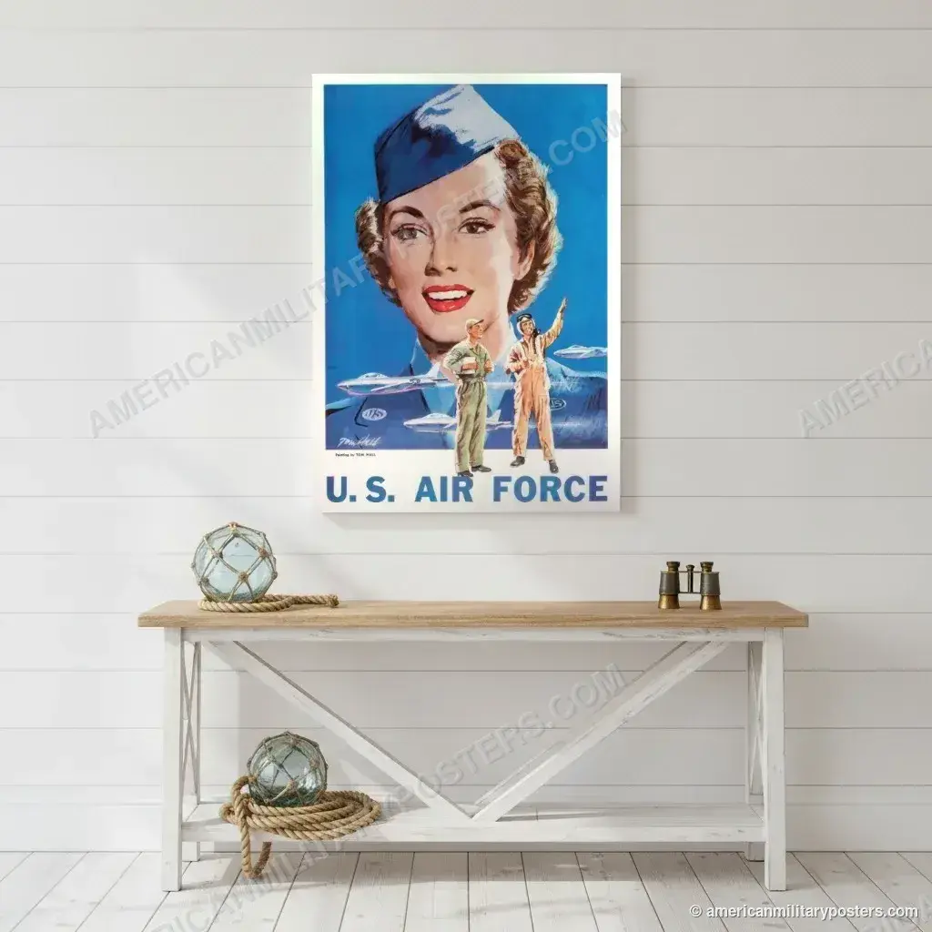 U.S. Air Force Recruiting Poster poster, unframed print on a white shiplap wall in a coastal hallway