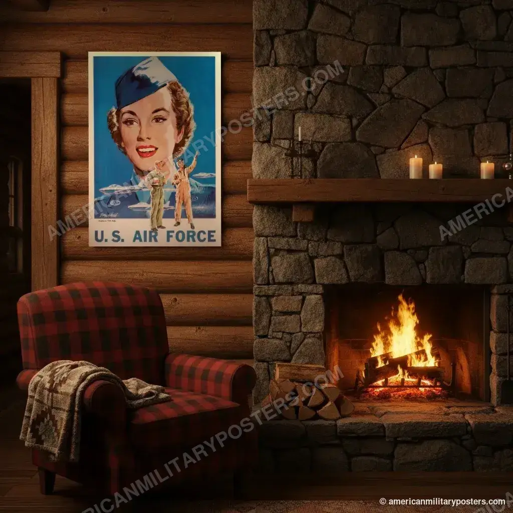 U.S. Air Force Recruiting Poster poster, unframed print on a log cabin wall beside a fireplace