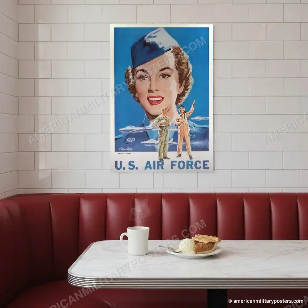 U.S. Air Force Recruiting Poster poster, unframed print on a tiled wall above a retro diner booth