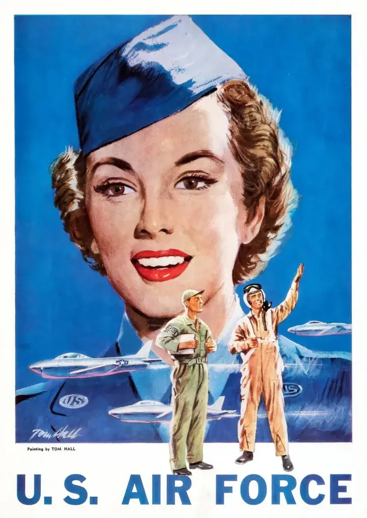US Air Force recruiting poster painted by Tom Hall showing a smiling servicewoman in a blue cap, two airmen and jets