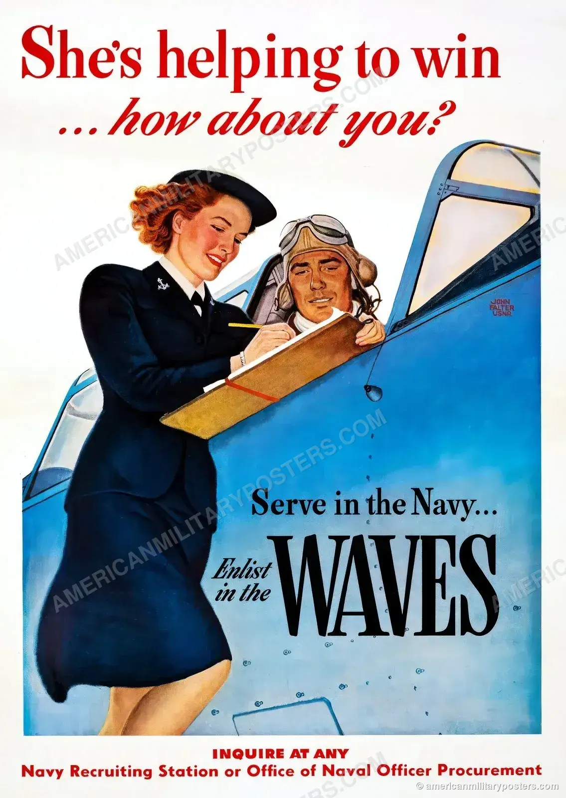 She’s Helping to Win (1943) WWII Navy WAVES recruiting poster by John Falter, restored