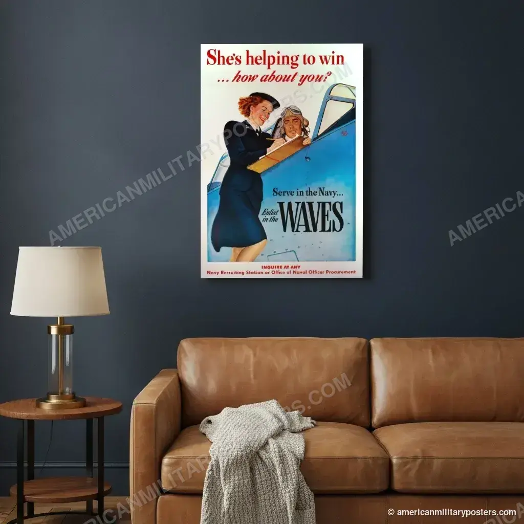 She’s Helping to Win: Navy WAVES poster, unframed print on a navy living room wall above a leather sofa