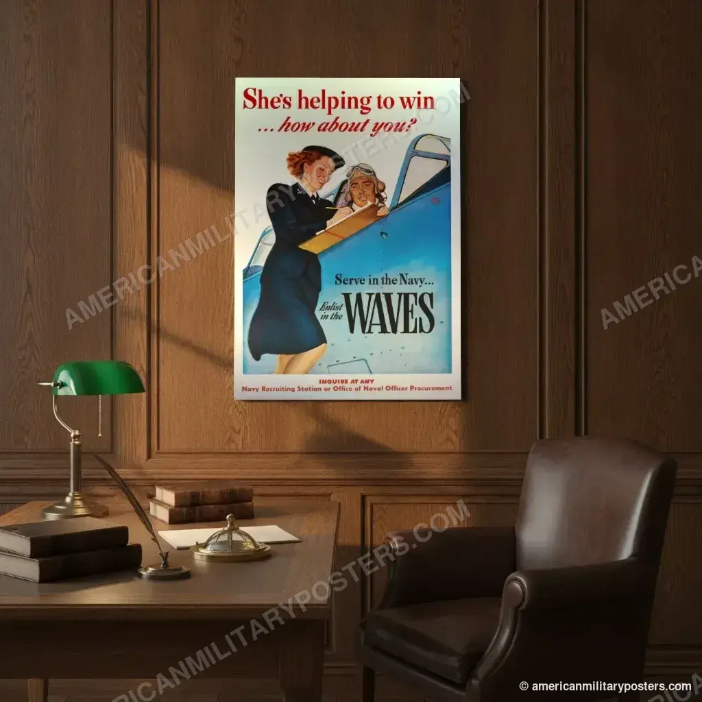 She’s Helping to Win: Navy WAVES poster, unframed print on an oak-panelled study wall above a desk
