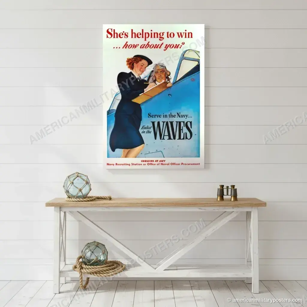 She’s Helping to Win: Navy WAVES poster, unframed print on a white shiplap wall in a coastal hallway