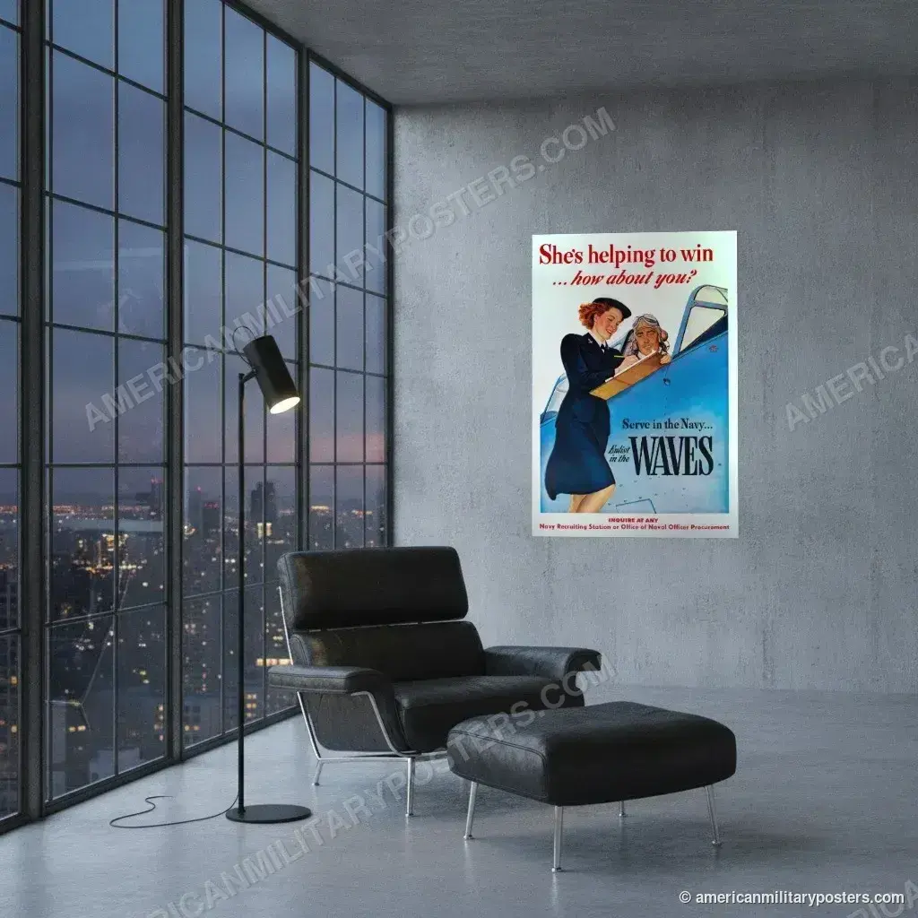 She’s Helping to Win: Navy WAVES poster, unframed print on a concrete wall in a city loft
