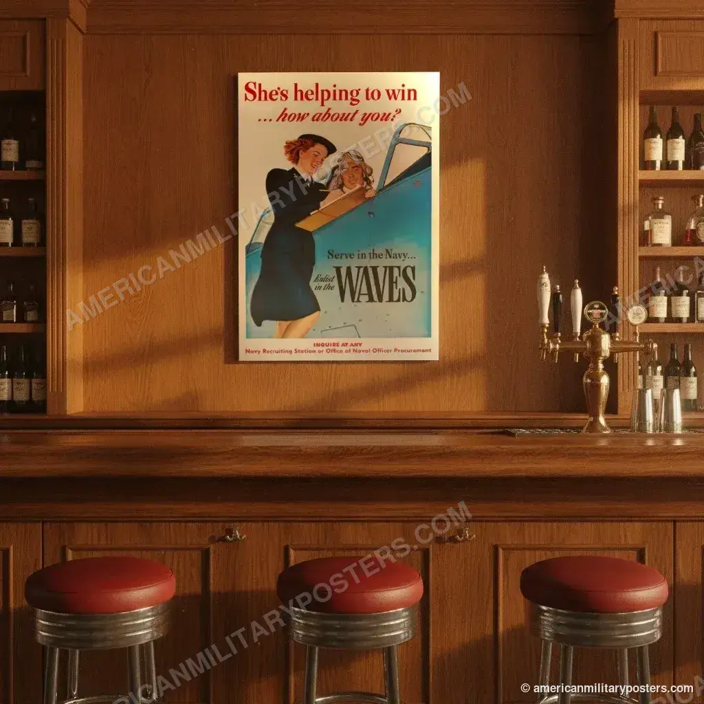 She’s Helping to Win: Navy WAVES poster, unframed print on the wall of a classic American bar