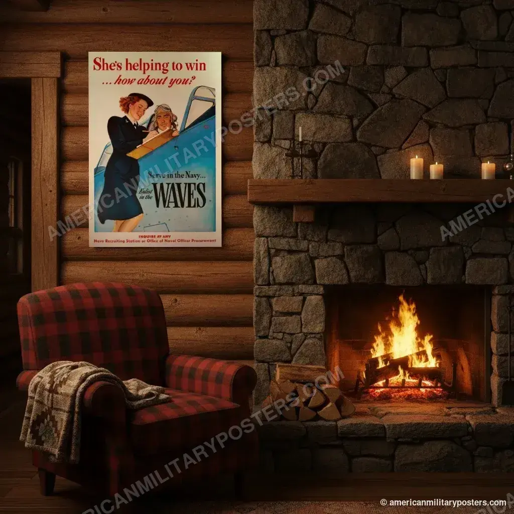 She’s Helping to Win: Navy WAVES poster, unframed print on a log cabin wall beside a fireplace
