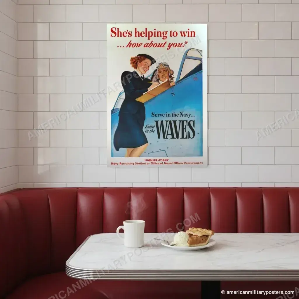 She’s Helping to Win: Navy WAVES poster, unframed print on a tiled wall above a retro diner booth