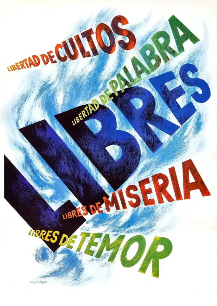 Libres 1942 Four Freedoms poster by Herbert Bayer, bold Spanish lettering Libertad de Cultos, Libertad de Palabra, Libres de Miseria and Libres de Temor over blue brushstrokes, restored