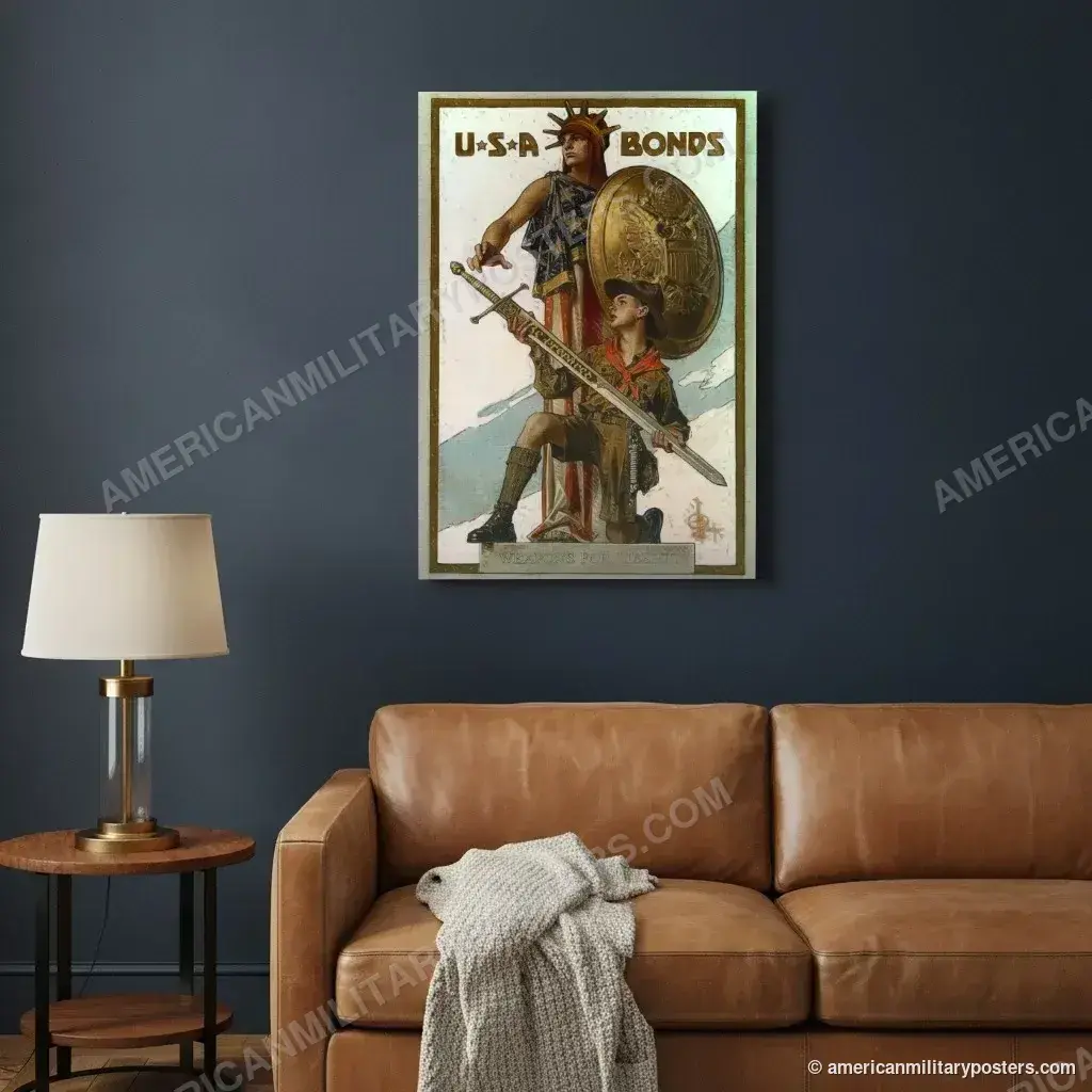 U.S.A. Bonds: Weapons for Liberty poster, unframed print on a navy living room wall above a leather sofa