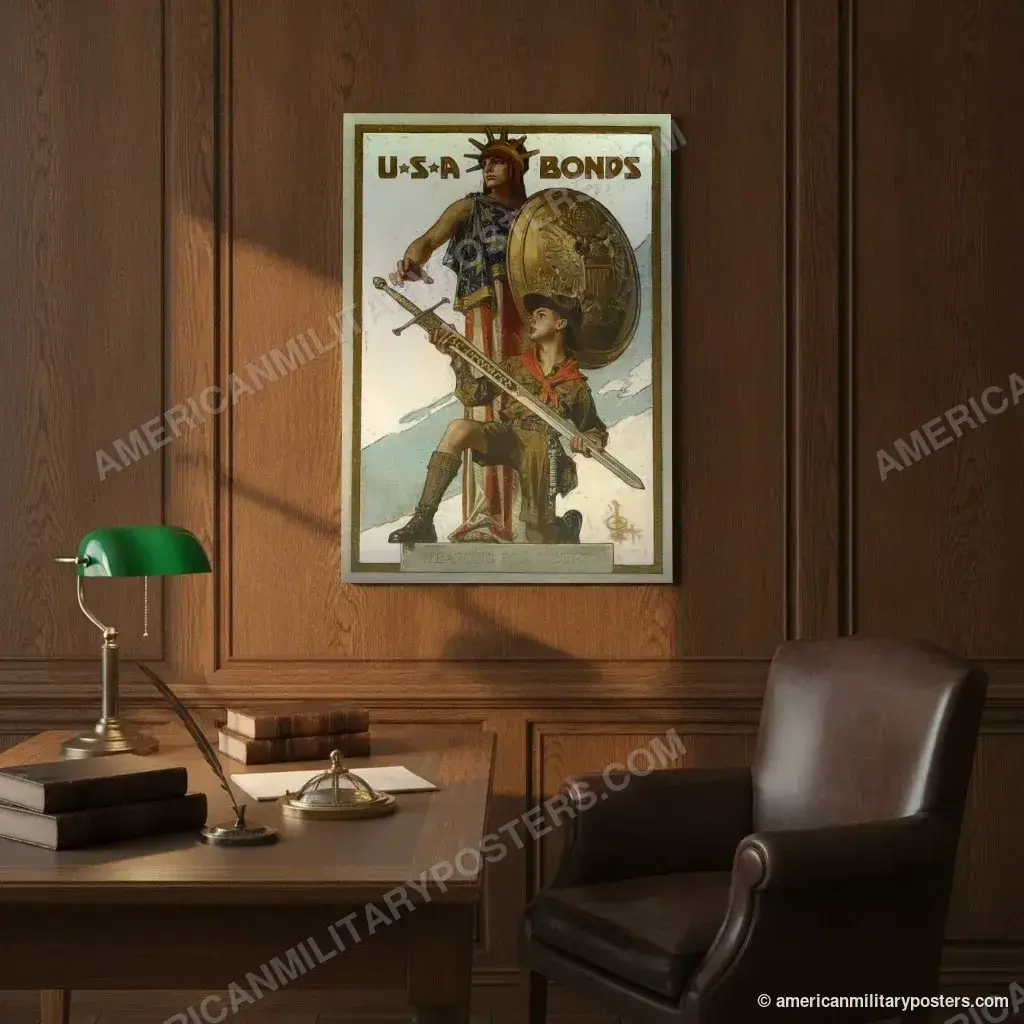 U.S.A. Bonds: Weapons for Liberty poster, unframed print on an oak-panelled study wall above a desk