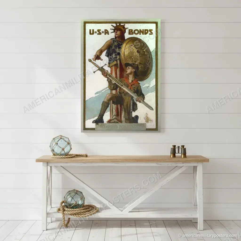 U.S.A. Bonds: Weapons for Liberty poster, unframed print on a white shiplap wall in a coastal hallway