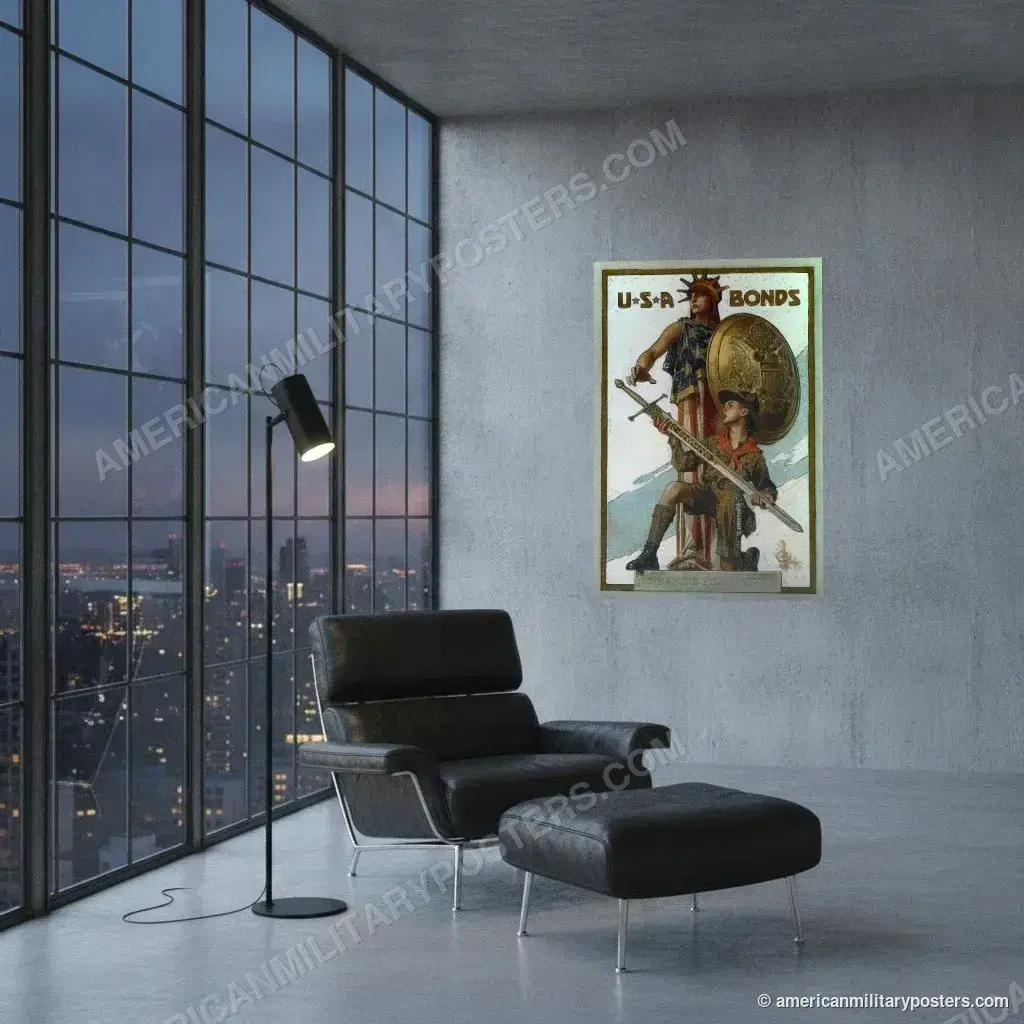 U.S.A. Bonds: Weapons for Liberty poster, unframed print on a concrete wall in a city loft