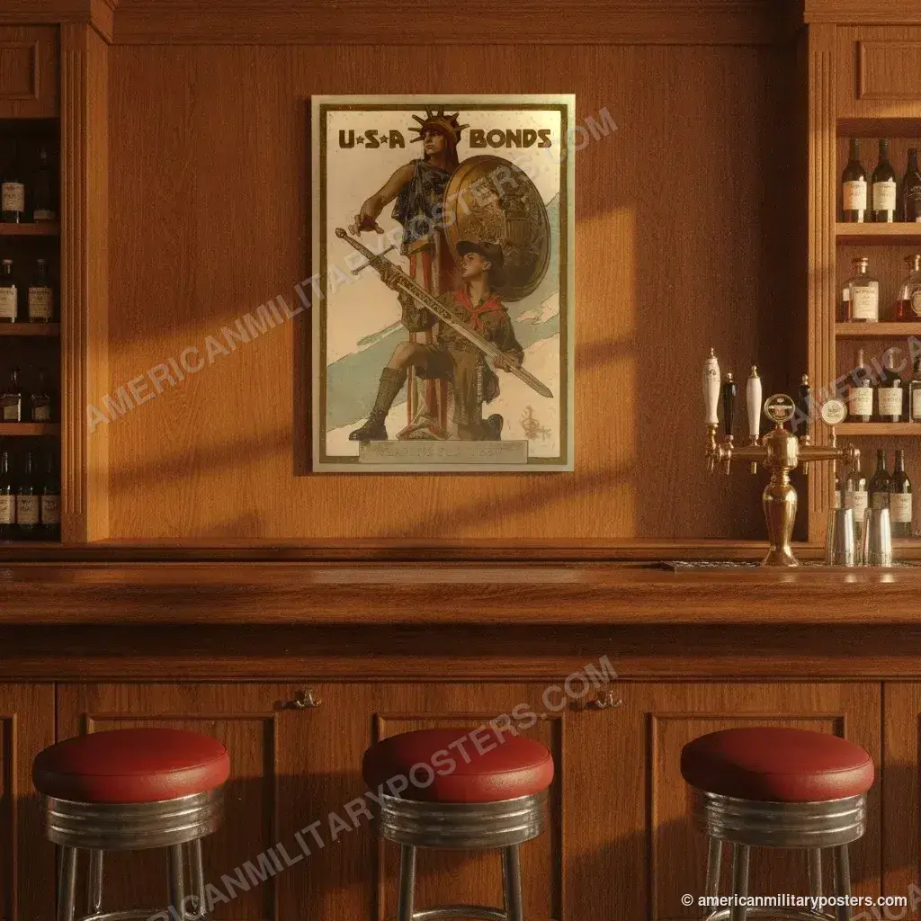 U.S.A. Bonds: Weapons for Liberty poster, unframed print on the wall of a classic American bar