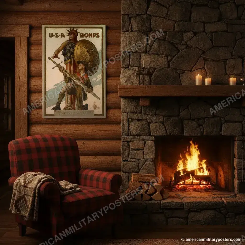 U.S.A. Bonds: Weapons for Liberty poster, unframed print on a log cabin wall beside a fireplace